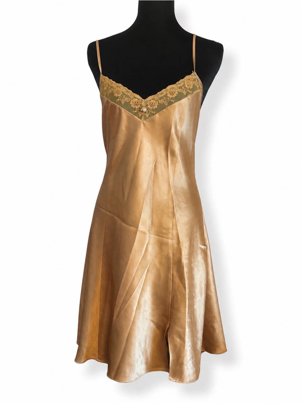 VTG 80’s Sophia By Delicates Sexy Gold Satin Polyester Silky Slip Chemise M